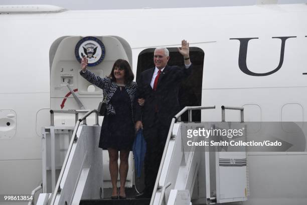 Members of the 110th Attack Wing, Michigan Air National Guard, and their families, greeted Vice President Mike Pence, and his wife, Karen Pence, at...
