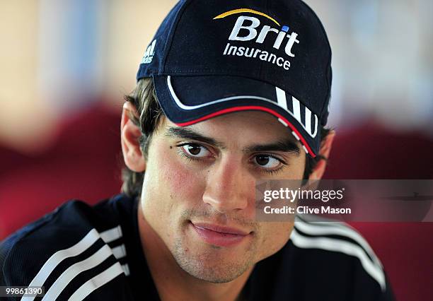 Alastair Cook of England poses for photographs after a press conference ahead of a net session at The County Ground on May 18, 2010 in Derby, England.