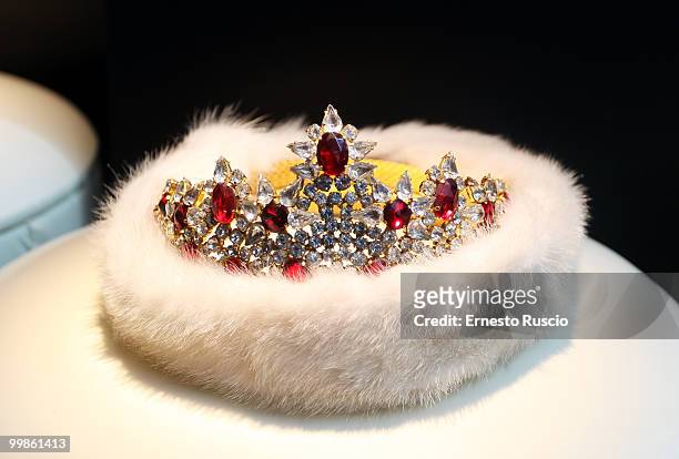 The crown of Nadia Bengala, Miss Italy 1988, on display during the My Fair Miss Web channel launch at Crowne Plaza on May 17, 2010 in Rome, Italy. On...