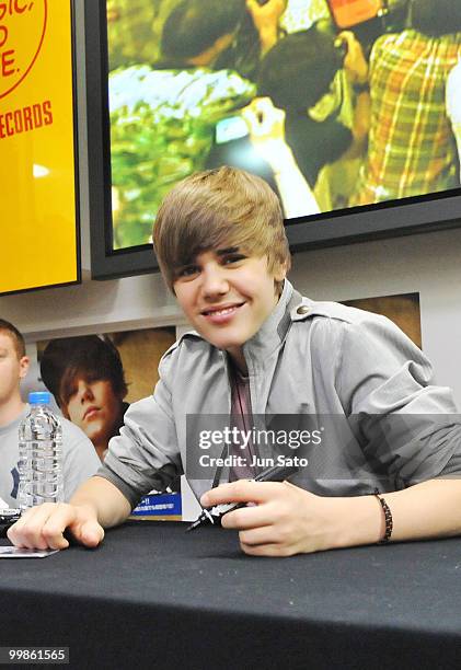 Singer Justin Bieber promotes his new album "My Worlds" at Tower Records Shinjuku on May 18, 2010 in Tokyo, Japan.