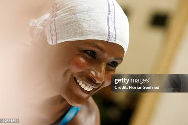 Model, writer Waris Dirie poses for the media during her book presentation of 'Schwarze Frau, Weisses Land' at Hotel Adlon on May 18, 2010 in Berlin,...