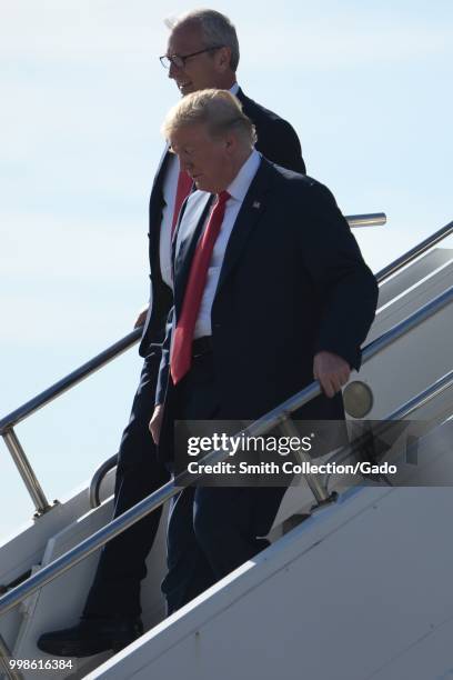 President Donald J Trump and Congressman Kevin Cramer arrive on Air Force One at the North Dakota Air National Guard Base, Fargo, North Dakota, June...