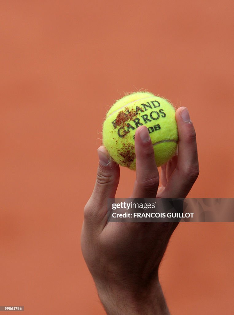 A tennis ball is pictured at Roland Garr