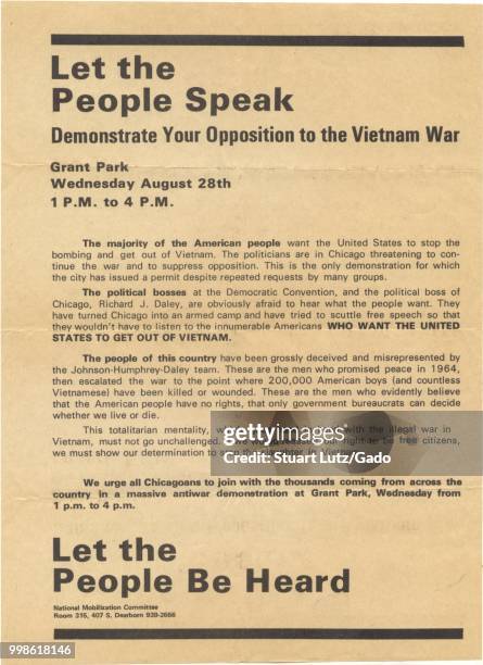 Flyer inviting protesters to the infamous demonstration at the 1968 Democratic National Convention in Chicago, Illinois, which led to violence...