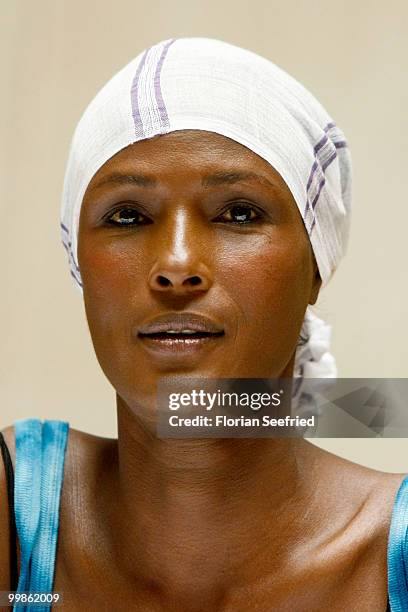 Model, writer Waris Dirie poses for the media during her book presentation of 'Schwarze Frau, Weisses Land' at Hotel Adlon on May 18, 2010 in Berlin,...