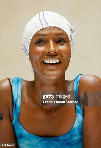 Model, writer Waris Dirie poses for the media during her book presentation of 'Schwarze Frau, Weisses Land' at Hotel Adlon on May 18, 2010 in Berlin,...