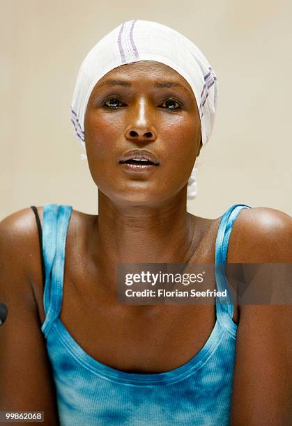 Model, writer Waris Dirie poses for the media during her book presentation of 'Schwarze Frau, Weisses Land' at Hotel Adlon on May 18, 2010 in Berlin,...