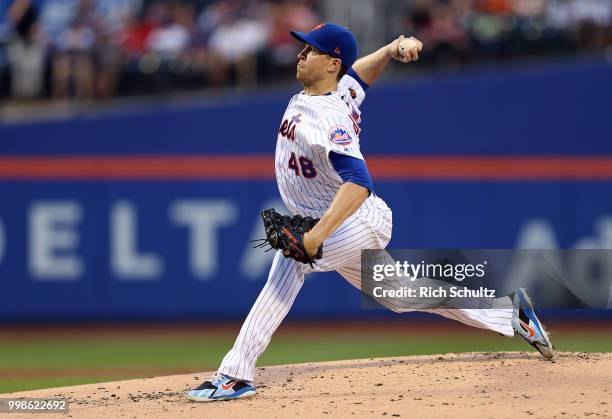 Jacob deGrom of the New York Mets in action against the Philadelphia Phillies during a game at Citi Field on July 11, 2018 in the Flushing...