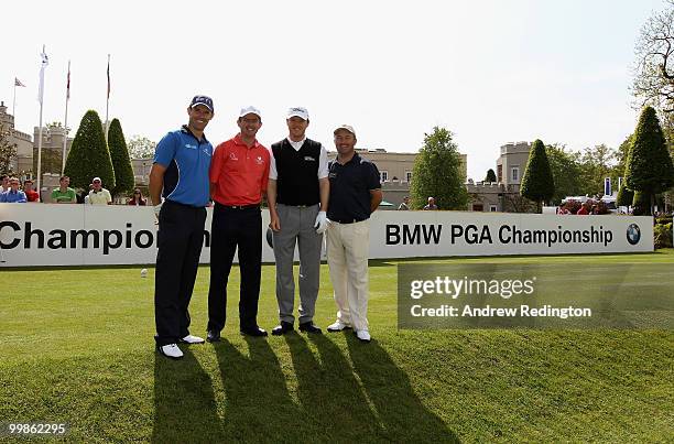 Padraig Harrington and Peter Lawrie of Ireland, Michael Hoey of Northern Ireland and Damien McGrane of Ireland pose for a photograph on the first...