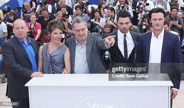 Actors Luke Evans, Dominic Cooper, director Stephen Frears,actress Tamsin Greig, actor Bill Camp attend the "Tamara Drew" Photocall at the Palais des...