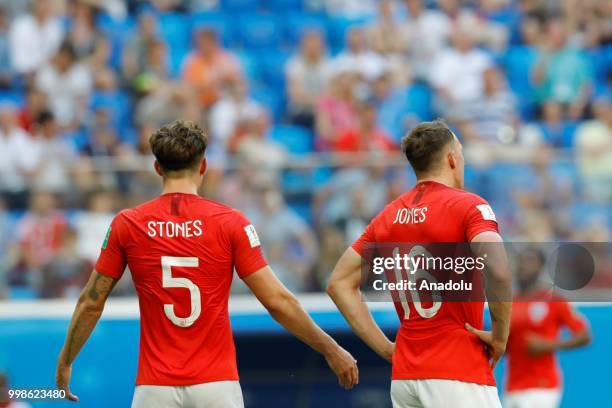 John Stones and Phil Jones of England react after losing 2018 FIFA World Cup Russia Play-Off for Third Place against Belgium at the Saint Petersburg...
