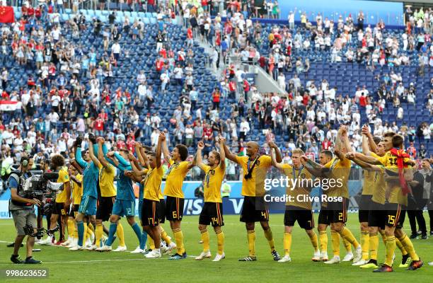 Belgium players show appreciation to the fans after the 2018 FIFA World Cup Russia 3rd Place Playoff match between Belgium and England at Saint...