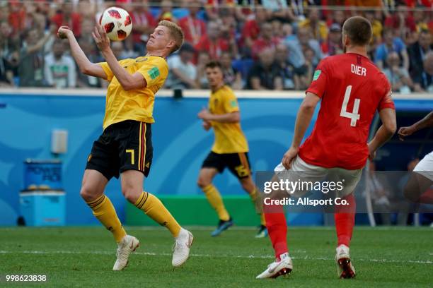 Kevin De Bruyne of Belgium chests the ball during the 2018 FIFA World Cup Russia 3rd Place Playoff match between Belgium and England at Saint...