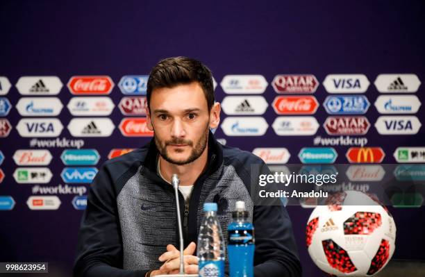 Hugo Lloris of France speaks during team France press conference ahead of the final match of the 2018 FIFA World Cup between France and Croatia at...