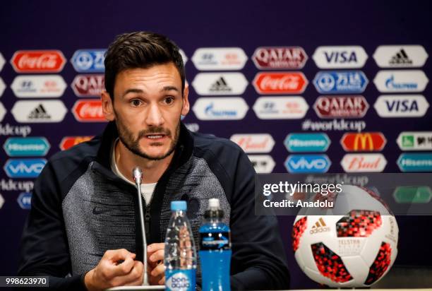 Hugo Lloris of France speaks during team France press conference ahead of the final match of the 2018 FIFA World Cup between France and Croatia at...