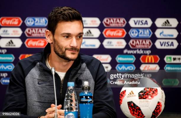 Hugo Lloris of France speaks during team France press conference ahead of the final match of the 2018 FIFA World Cup between France and Croatia at...