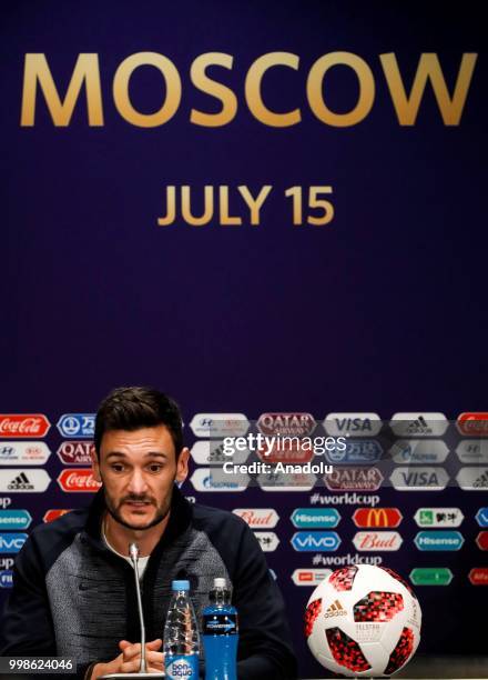 Hugo Lloris of France speaks during team France press conference ahead of the final match of the 2018 FIFA World Cup between France and Croatia at...