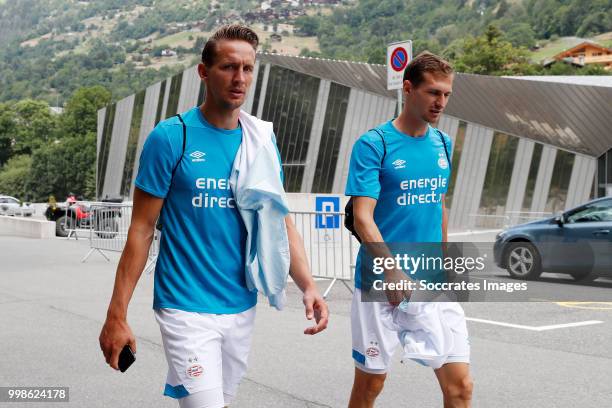 Luuk de Jong of PSV, Daniel Schwaab of PSV during the Club Friendly match between PSV v Neuchatel Xamax FCS on July 14, 2018 in Bagnes Switzerland