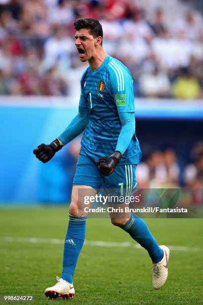 Thibaut Courtois of Belgium celebrates his sides second goal during the 2018 FIFA World Cup Russia 3rd Place Playoff match between Belgium and...