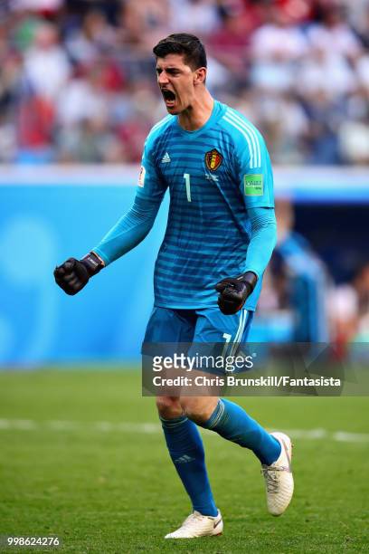 Thibaut Courtois of Belgium celebrates his sides second goal during the 2018 FIFA World Cup Russia 3rd Place Playoff match between Belgium and...