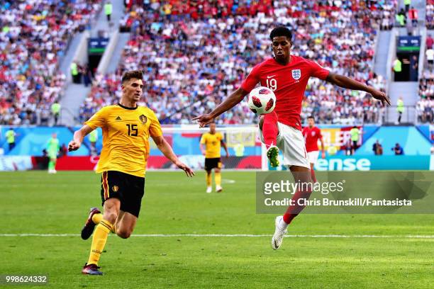 Marcus Rashford of England controls the ball in the air during the 2018 FIFA World Cup Russia 3rd Place Playoff match between Belgium and England at...