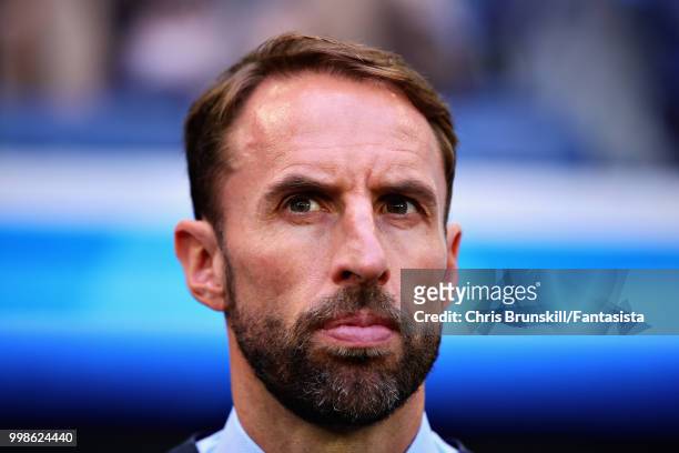 Head Coach of England Gareth Southgate looks on during the 2018 FIFA World Cup Russia 3rd Place Playoff match between Belgium and England at Saint...