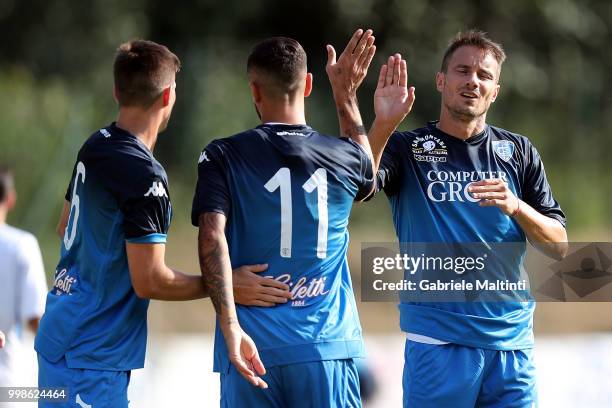 Francesco Caputo of Empoli FC celebrates after scoring a goal during the pre-season frienldy match between Empoli FC and ASD Lampo 1919 on July 14,...