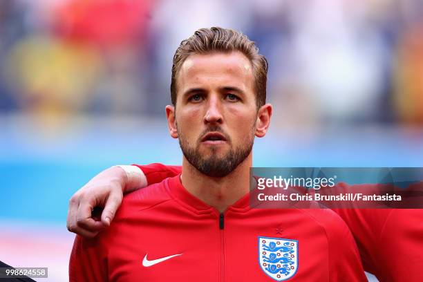 Harry Kane of England stands for the national anthem before the 2018 FIFA World Cup Russia 3rd Place Playoff match between Belgium and England at...