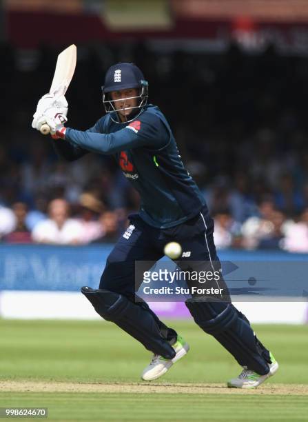 England batsman Joe Root hits out during the 2nd ODI Royal London One Day International match between England and India at Lord's Cricket Ground on...