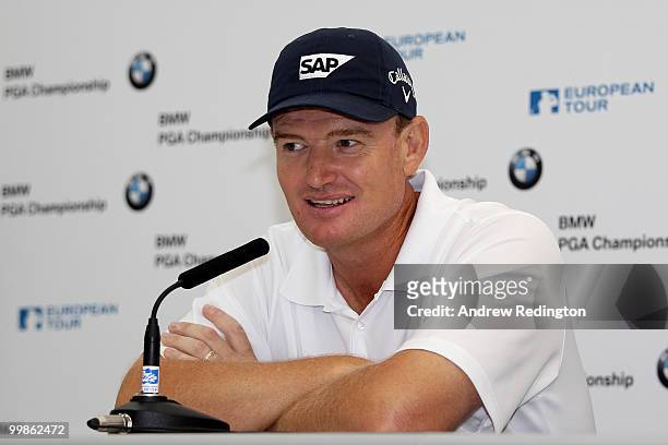 Ernie Els of South Africa answers questions from the media at a press conference prior to the BMW PGA Championship on the West Course at Wentworth on...