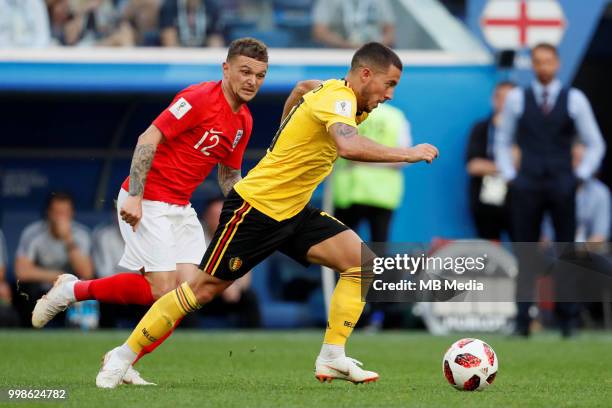 Eden Hazard of Belgium and Kieran Trippier of England vie for the ball during the 2018 FIFA World Cup Russia 3rd Place Playoff match between Belgium...