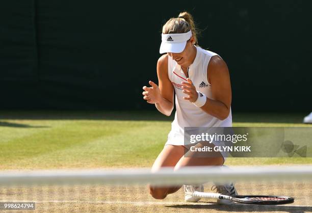 Germany's Angelique Kerber reacts after winning against US player Serena Williams during their women's singles final match on the twelfth day of the...