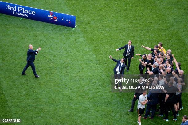 Belgium's staff celebrates after their Russia 2018 World Cup play-off for third place football match between Belgium and England at the Saint...