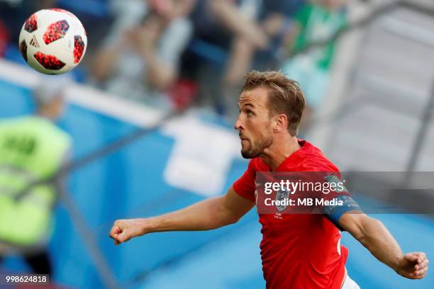 Harry Kane of England heads the ball during the 2018 FIFA World Cup Russia 3rd Place Playoff match between Belgium and England at Saint Petersburg...