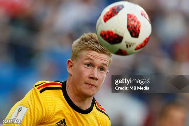 Kevin De Bruyne of Belgium heads the ball during the 2018 FIFA World Cup Russia 3rd Place Playoff match between Belgium and England at Saint...