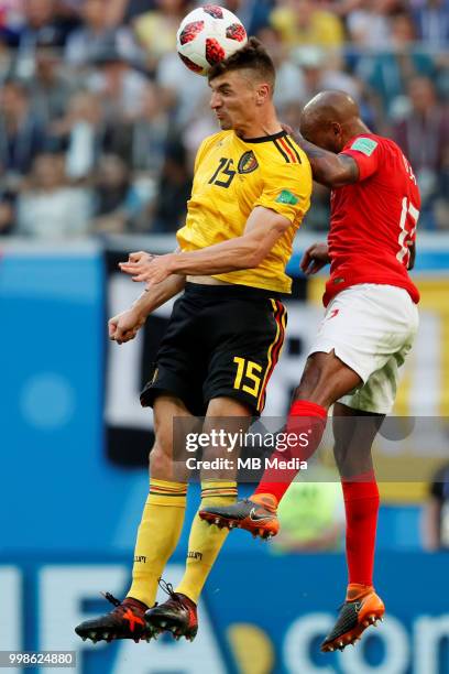 Thomas Meunier of Belgium and Fabian Delph of England vie for a header during the 2018 FIFA World Cup Russia 3rd Place Playoff match between Belgium...