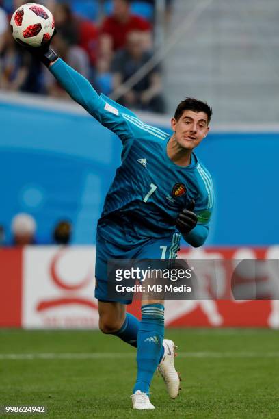Thibaut Courtois of Belgium passes the ball during the 2018 FIFA World Cup Russia 3rd Place Playoff match between Belgium and England at Saint...