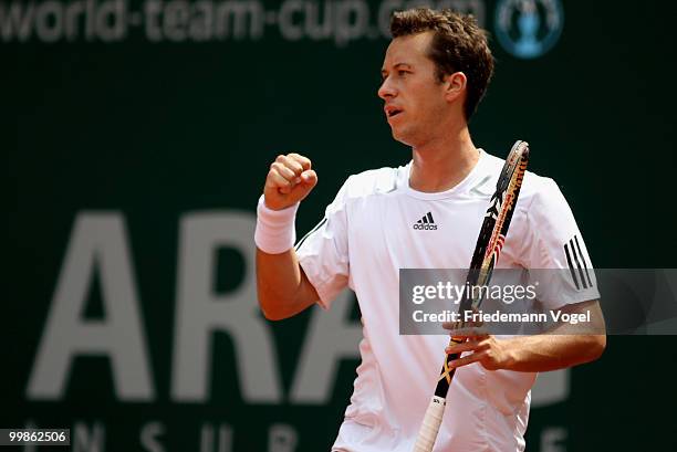 Philipp Kohlschreiber of Germany celebrates during his match against Horacio Zeballos of Argentina during day three of the ARAG World Team Cup at the...