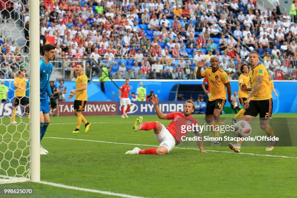 Harry Kane of England misses a chance in front of goal during the 2018 FIFA World Cup Russia 3rd Place Playoff match between Belgium and England at...