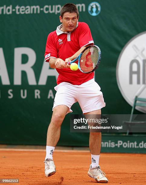 Jan Hajek of Czech Republic in action during his match against Peter Luczak of Australia during day three of the ARAG World Team Cup at the...