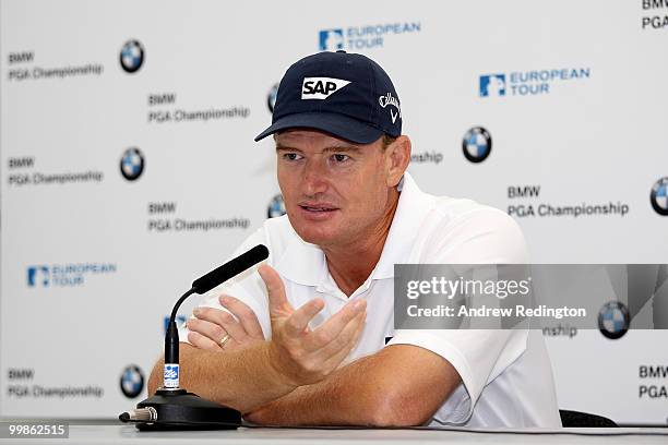 Ernie Els of South Africa answers questions from the media at a press conference prior to the BMW PGA Championship on the West Course at Wentworth on...