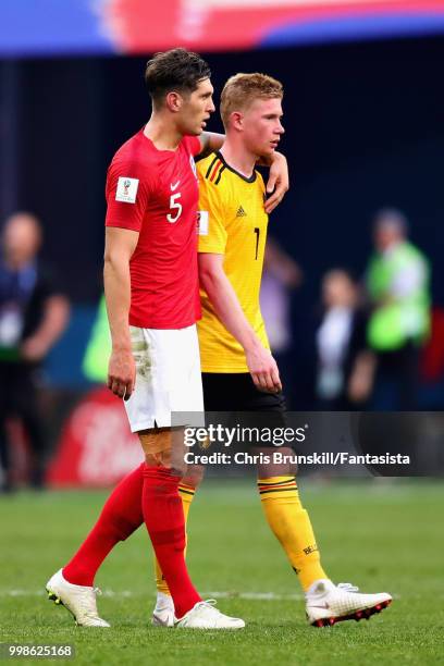 John Stones of England hugs Kevin De Bruyne of Belgium after the 2018 FIFA World Cup Russia 3rd Place Playoff match between Belgium and England at...