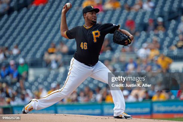 Ivan Nova of the Pittsburgh Pirates pitches in the first inning during game one of a doubleheader against the Milwaukee Brewers at PNC Park on July...