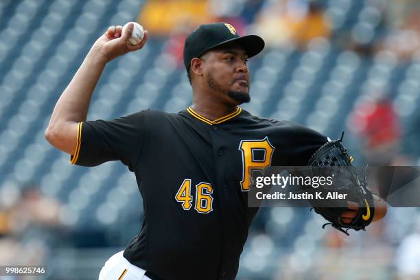 Ivan Nova of the Pittsburgh Pirates pitches in the first inning during game one of a doubleheader against the Milwaukee Brewers at PNC Park on July...