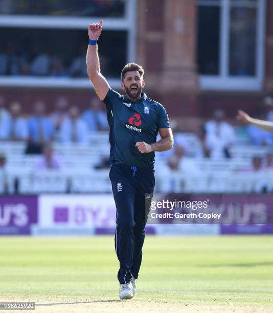 Liam Plunkett of England dismissing Hardik Pandya of India during the 2nd ODI Royal London One-Day match between England and India at Lord's Cricket...