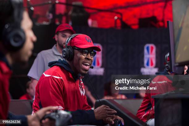 ReeseDaGod23 of Wizards District Gaming reacts during game against Knicks Gaming during Day 3 of the NBA 2K - The Ticket tournament on July 14, 2018...