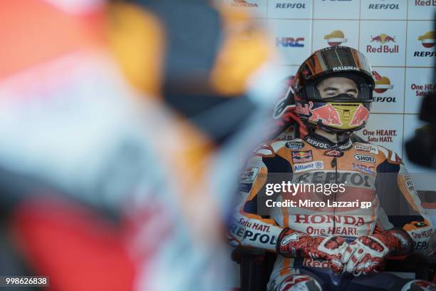 Marc Marquez of Spain and Repsol Honda Team looks on in box during the qualifying practice during the MotoGp of Germany - Qualifying at Sachsenring...