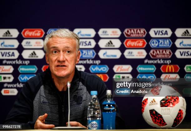 Head coach Didier Deschamps of France speaks during team France press conference ahead of the final match of the 2018 FIFA World Cup between France...