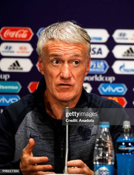 Head coach Didier Deschamps of France speaks during team France press conference ahead of the final match of the 2018 FIFA World Cup between France...