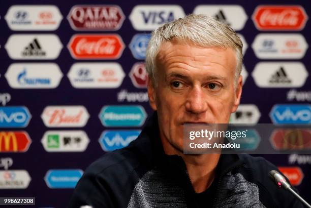 Head coach Didier Deschamps of France speaks during team France press conference ahead of the final match of the 2018 FIFA World Cup between France...